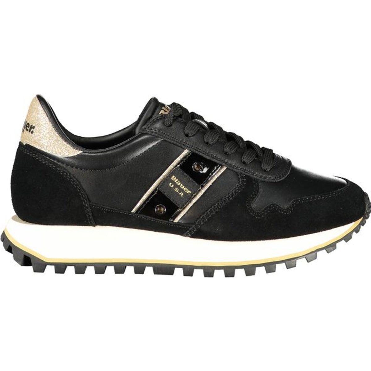 Schwarze Leder-Laufschuhe mit goldenen Akzenten