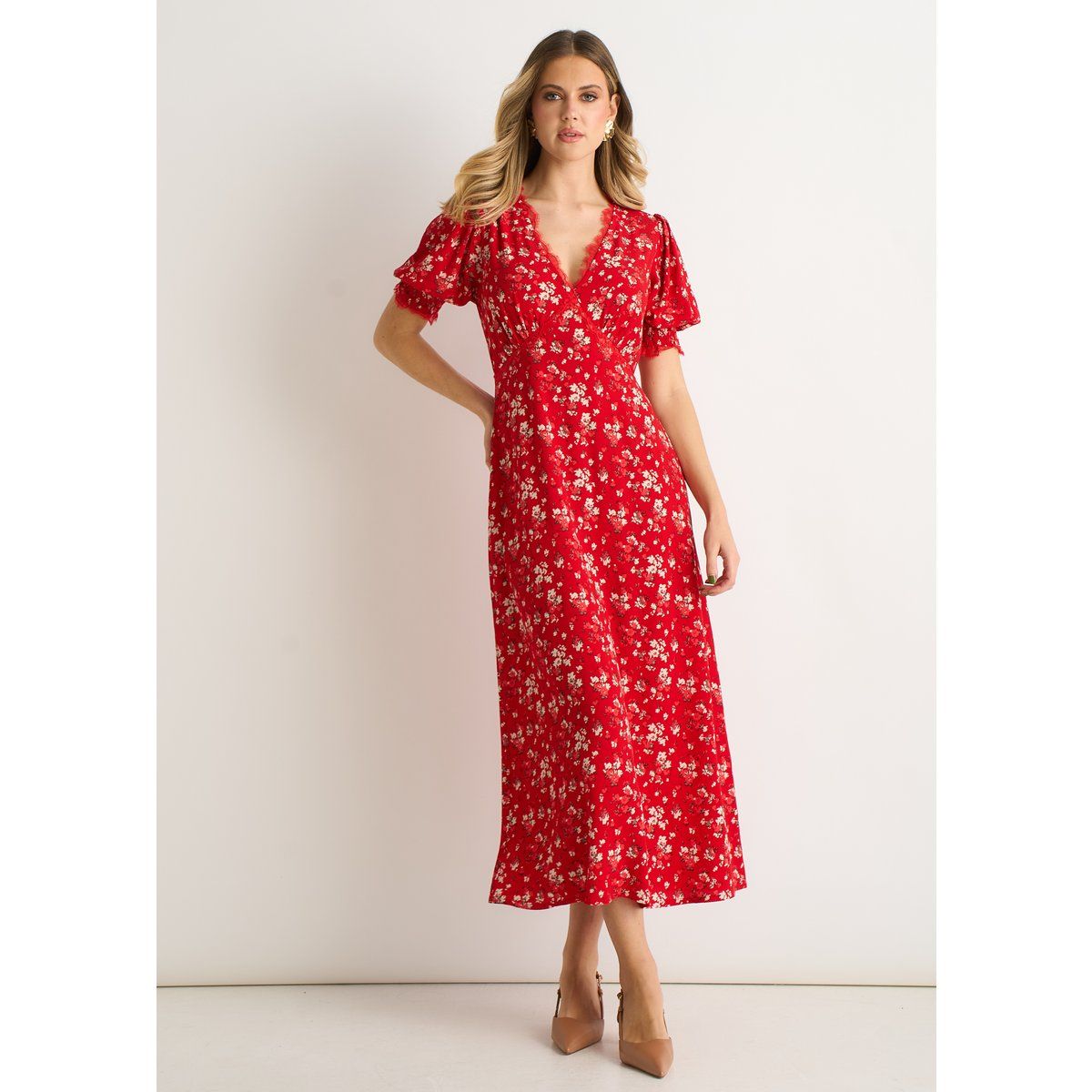Geblümtes Midikleid mit V-Ausschnitt