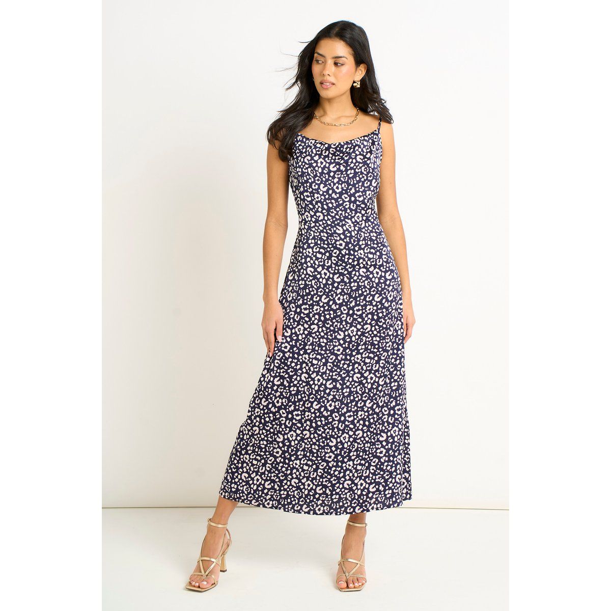 Marineblaues Midikleid mit Tiermuster und Wasserfallausschnitt