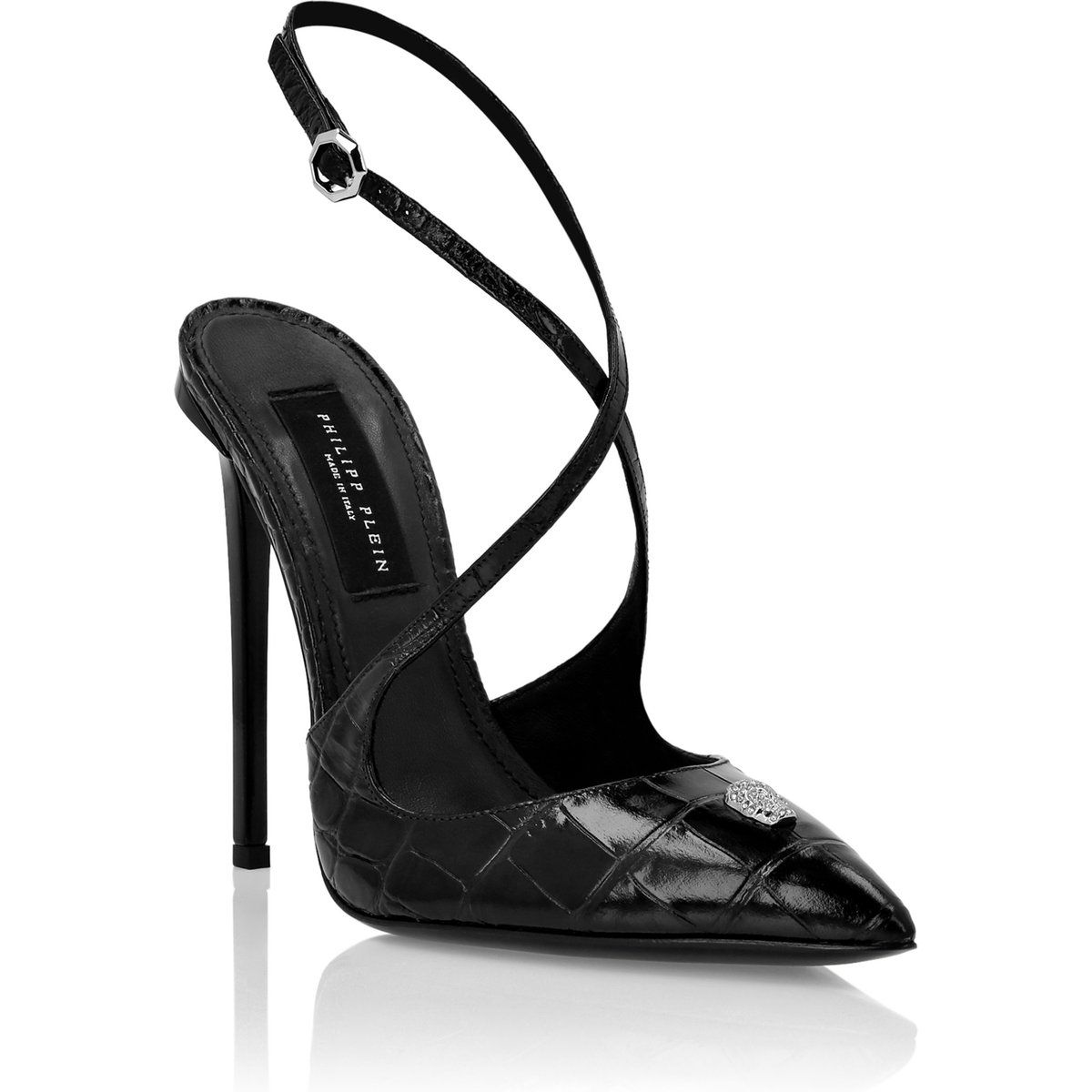 Schwarze Slingback-Pumps mit Krokoprint und spitzer Zehenpartie