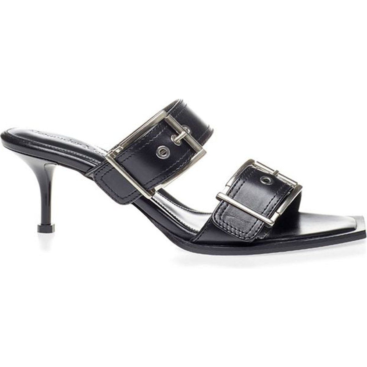 Leder-Pantolette mit Schnallen und Absatz