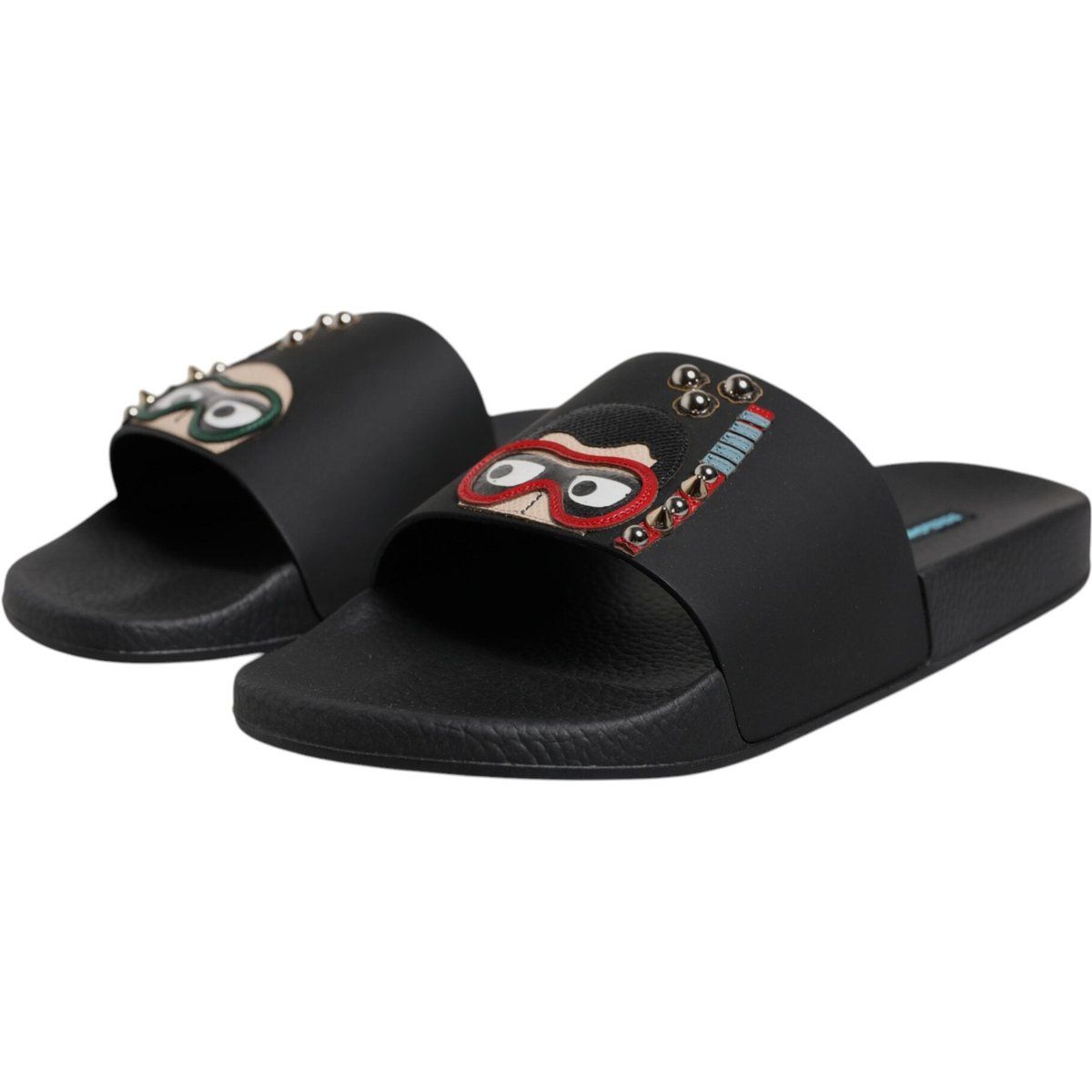 Schwarze Slide Sandalen mit Charakter-Applikation