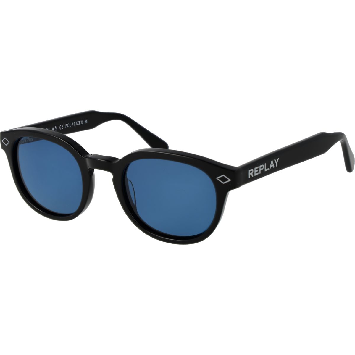 Runde schwarze Sonnenbrille mit blauen Gläsern