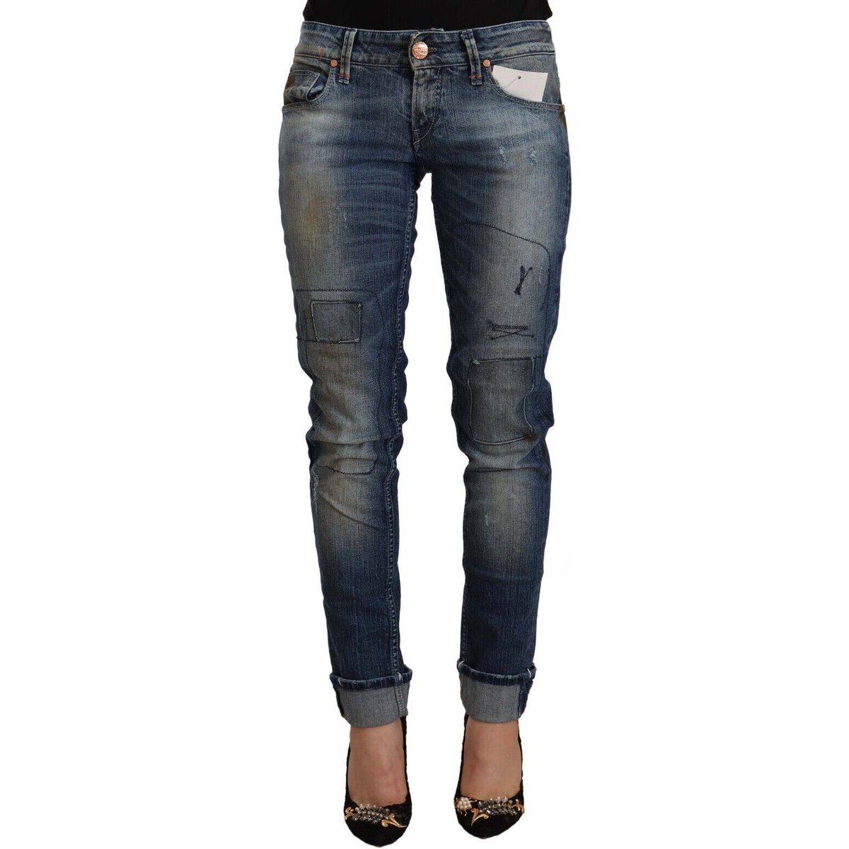 Distressed Blue Denim Patchwork Jeans