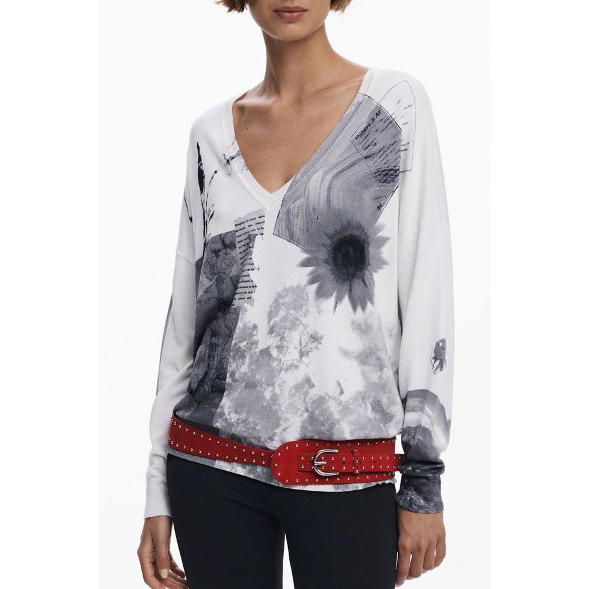 Jersey-Top mit Grafikprint und V-Ausschnitt