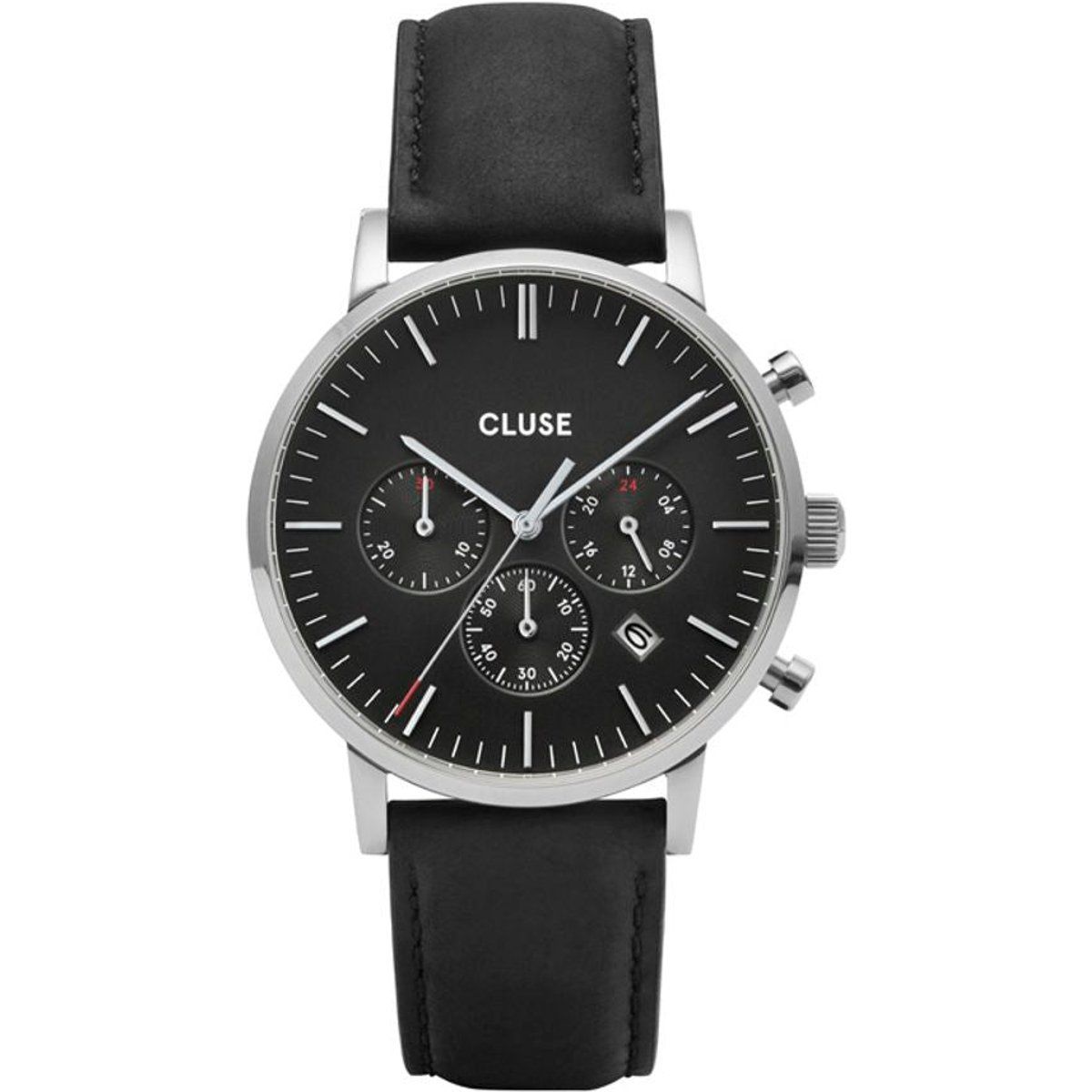 Schwarze Chronograph Quarzuhr mit Lederarmband