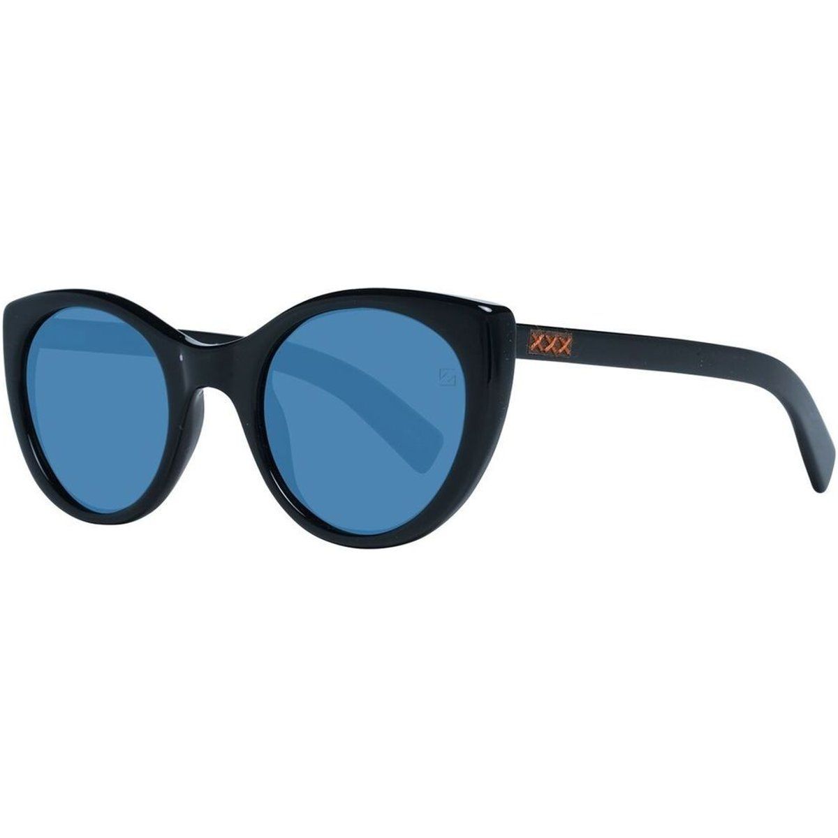 Schwarze Cat-Eye Sonnenbrille mit blauen Gläsern