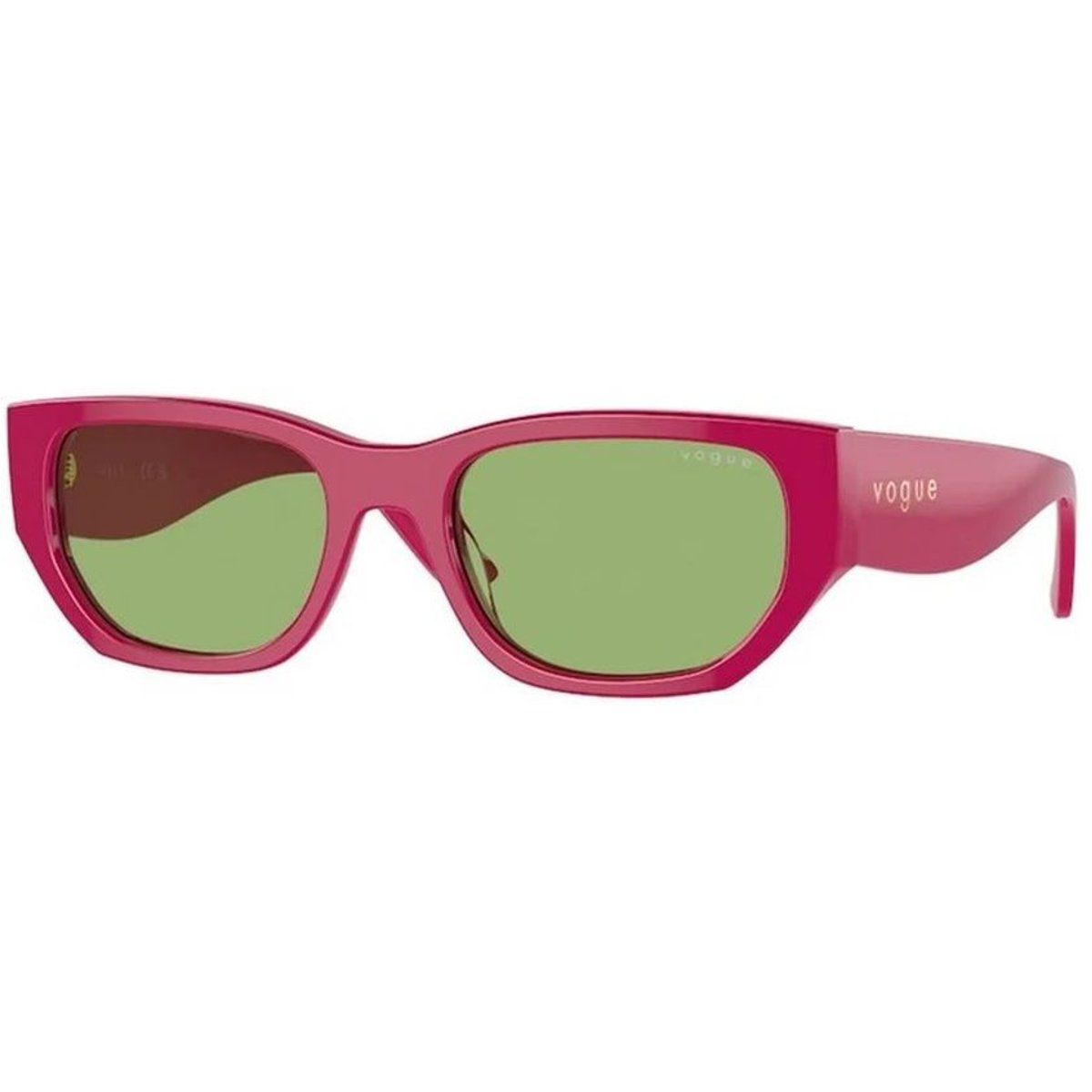 Pinkfarbene Cat-Eye-Sonnenbrille mit grünen Gläsern