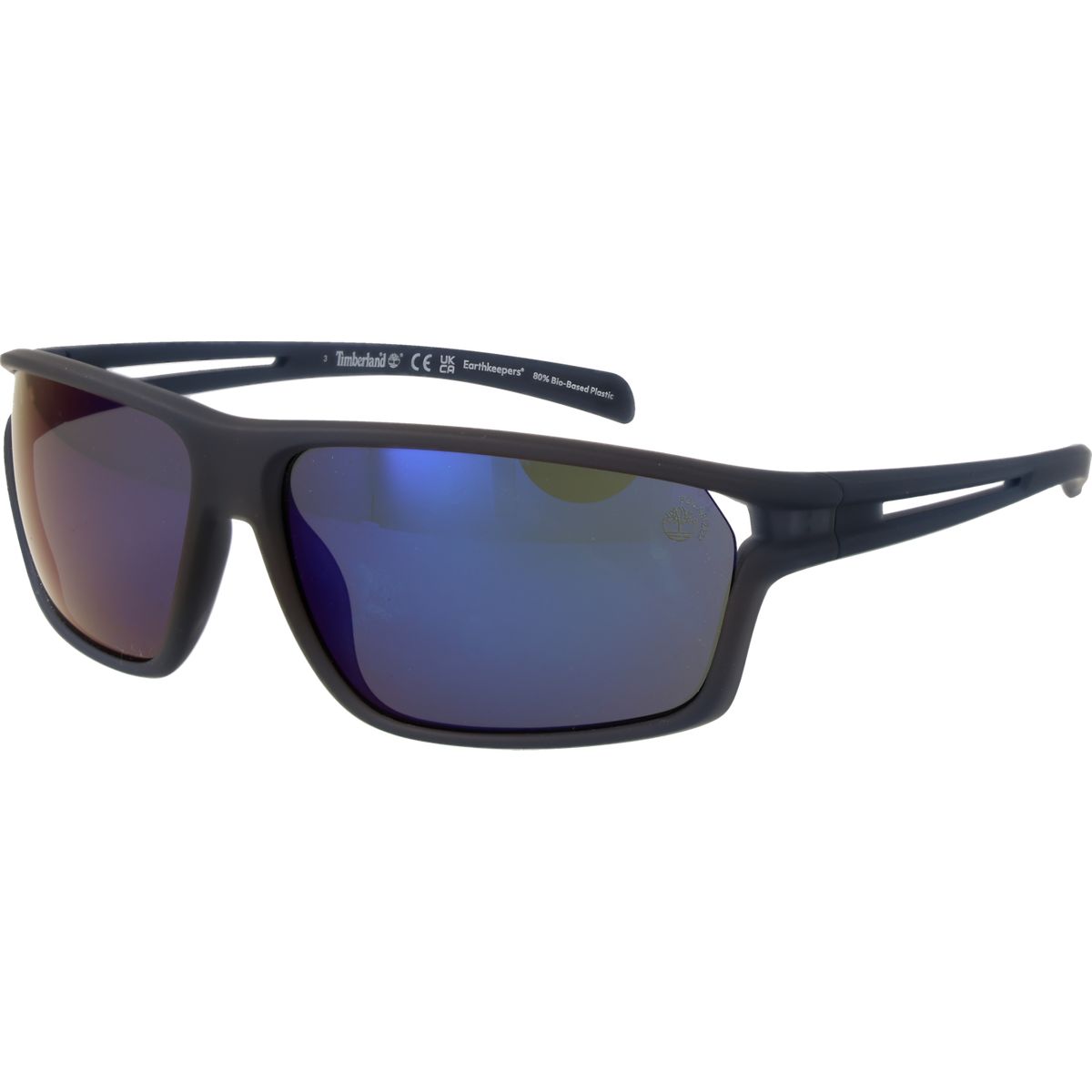 Rechteckige schwarze Sonnenbrille mit blauer Linse