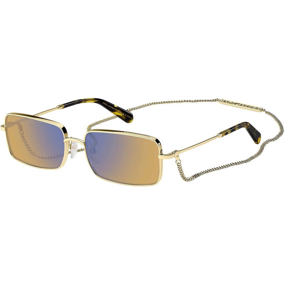 Rechteckige goldfarbene Sonnenbrille mit Kette