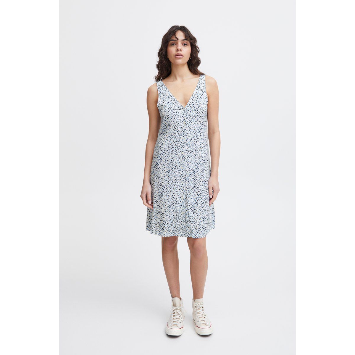 Ärmelloses Kleid mit Blumenmuster und Knopfleiste
