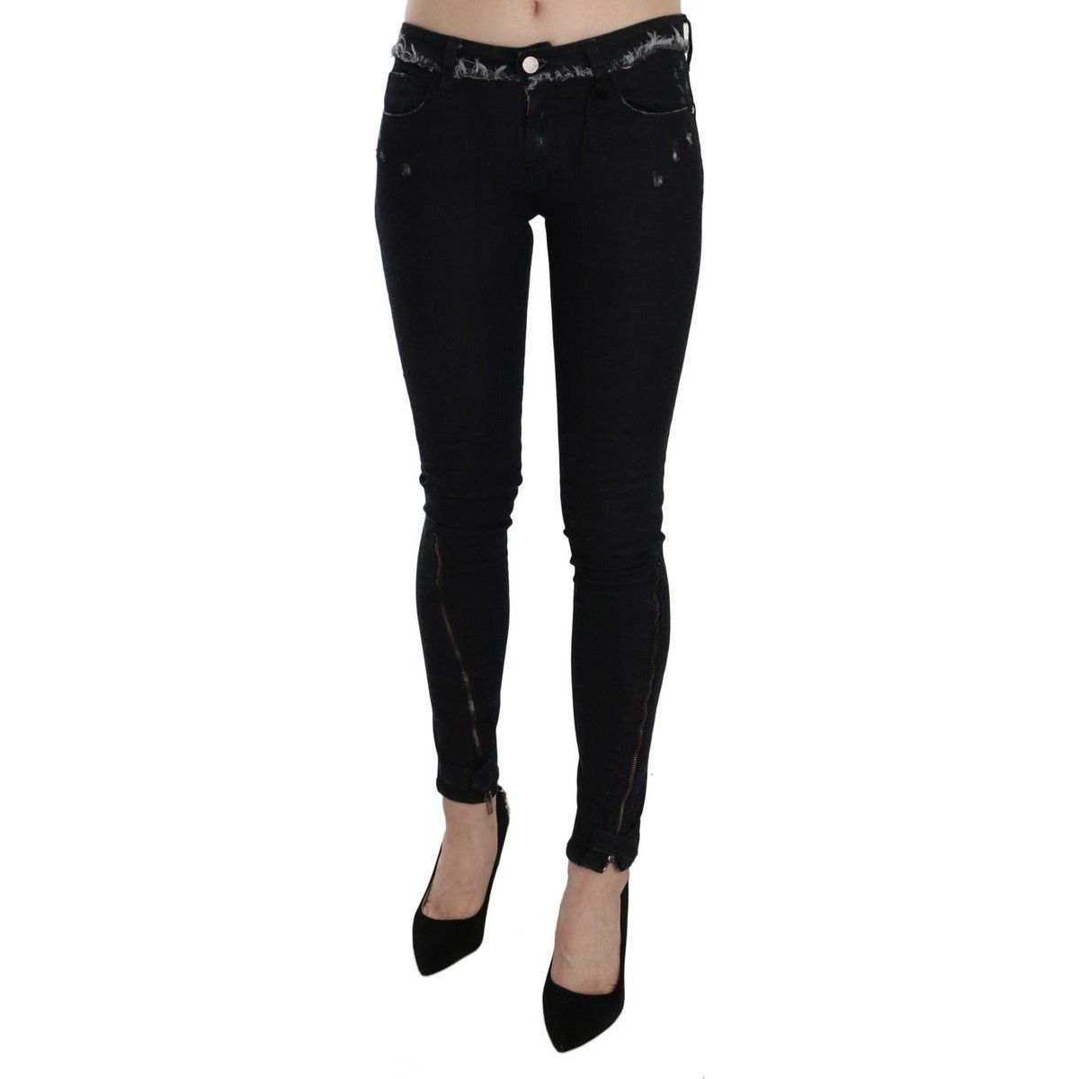 Schwarze Skinny Jeans mit niedrigem Bund und Reißverschluss
