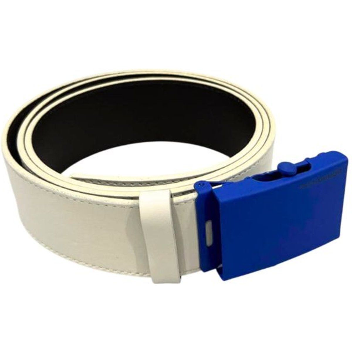 Weißer Ledergürtel mit blauer Schnalle