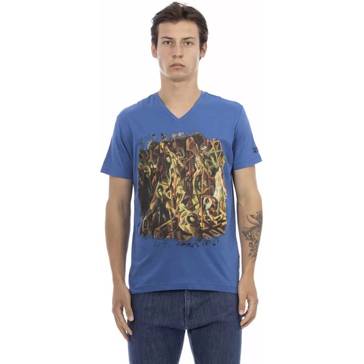 Bedrucktes V-Ausschnitt Baumwollmischungs-T-Shirt
