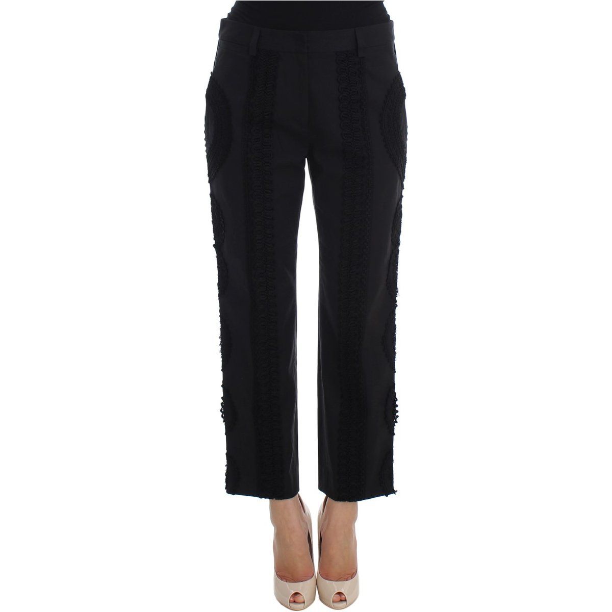Schwarze Cropped Hose mit Spitzenbesatz