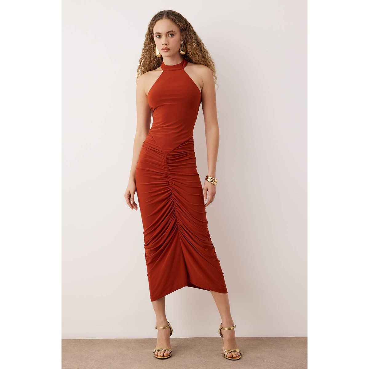 Ärmelloses, gerafftes Midi-Kleid für Damen