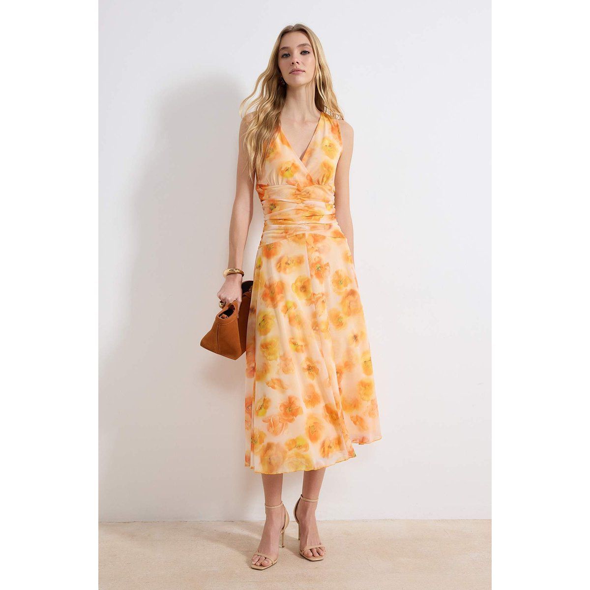 Ärmelloses Midikleid mit Blumendruck