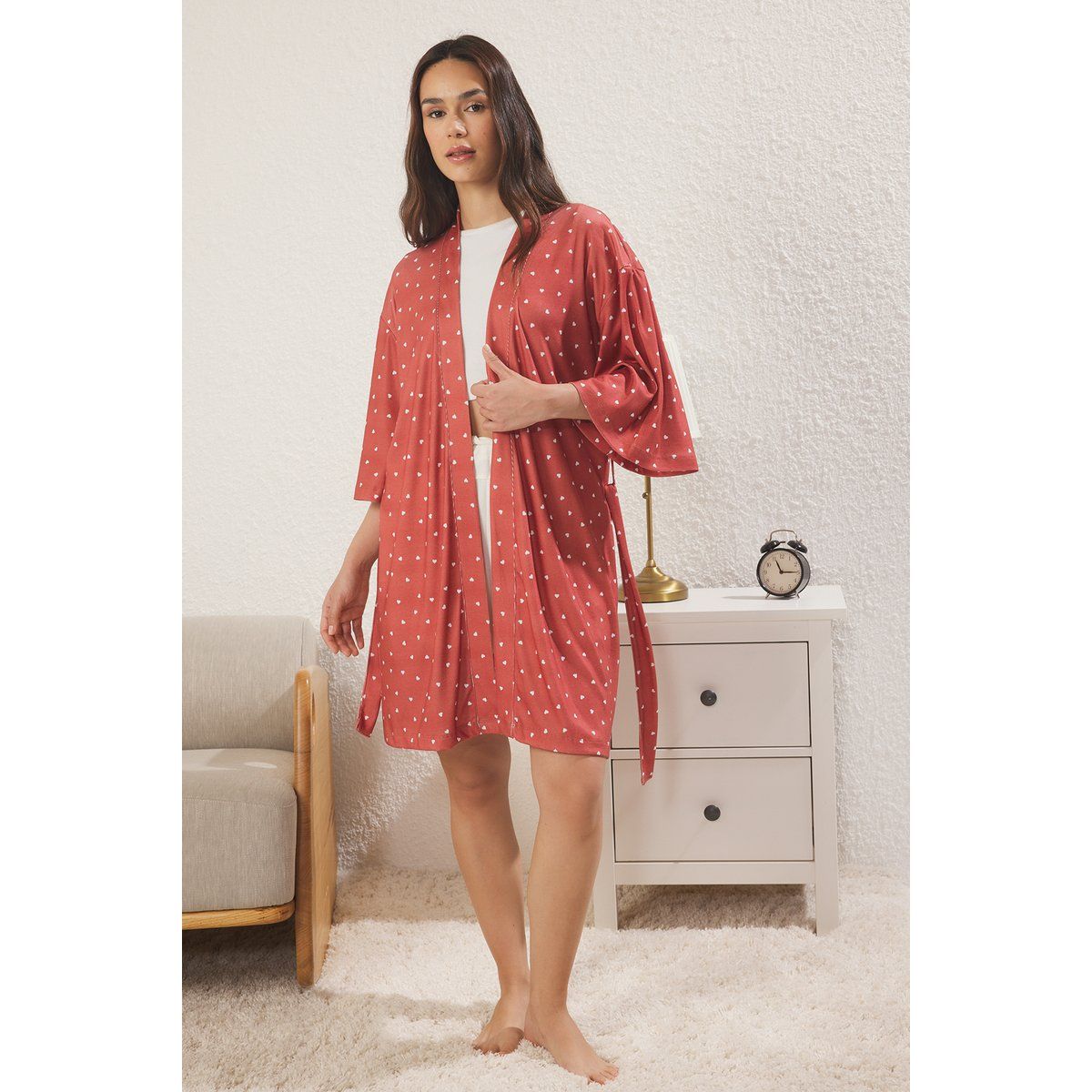 Herzmuster Damen Kimono Morgenmantel