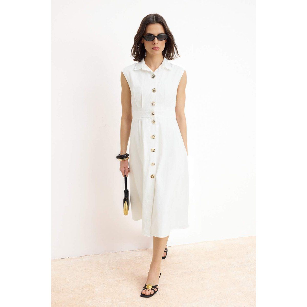Ärmelloses Midi-Hemdkleid mit Knopfleiste