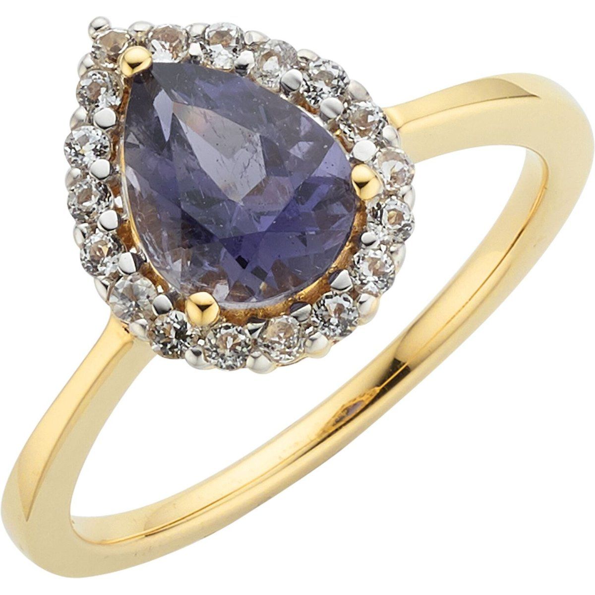 Halo-Ring mit Iolith-Tropfen und Weißtopas